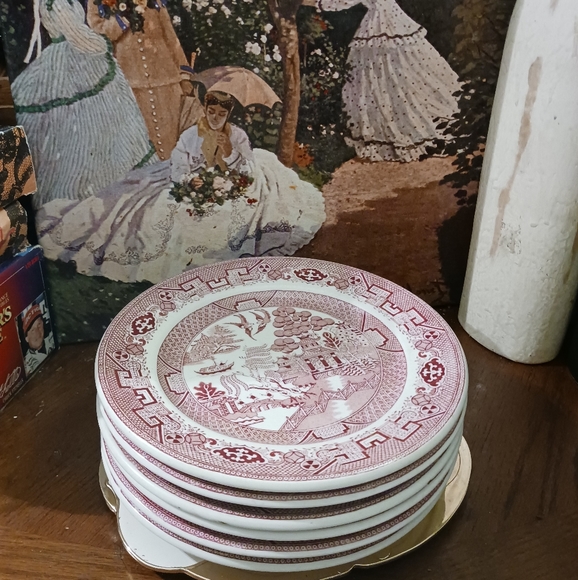 6 Walker China Red ๐ฅ5" Plates White with ๐Red Oriental Scenes,๐USA made.๐๐ฑ - Picture 7 of 14